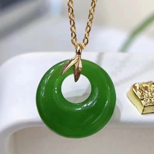 Montagne Jewelry 18K Pure Gold necklace for women Elegant Design Fine Jewellery Natural 19x16mm Grade A Green Jade Pendant Necklace