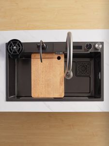 Kitchen Sink SUS304 Stainless Steel Waterfall Sink 3.0MM Thickness Household Sink with Pull-Out Faucet