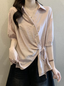 Sweet Style Lace Patchwork Short Sleeve Shirt Womens Summer New plus Size Waist-Cinched V-Neck Irregular Base Top