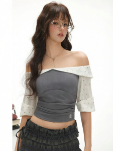 Unifree | Off Shoulder Polka Dot Splice Shirt