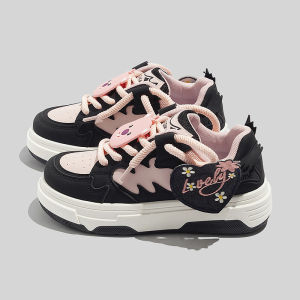 Sweet Cool Womens Panda Shoe Versatile Korean Style Casual Board Shoe Autumn Winter Cross Buckle Color Block Flat Heel Sneaker
