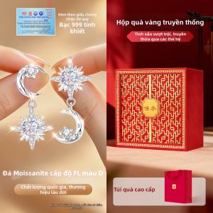 East Beauty | Bông Tai Bạc Sterling Moissanite Hình Sao và Mặt Trăng Không Đối Xứng