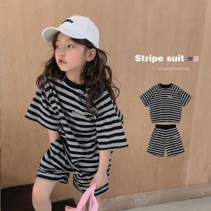 LSSHOW Black and White Striped Casual Set for Girls Summer New Korean Style Two-Piece Short Sleeve Shorts