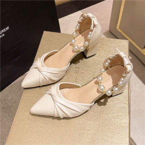 Elegant Pearl Embellished Pointed Toe High Heel Sandals Womens Fashionable All-Match Thick Heel Spring Summer New Arrival