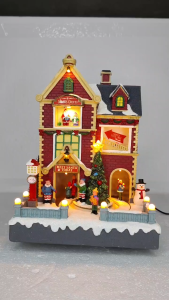 ONELINE #FC811 multi-level animated Christmas village building that appears to be a "Meet Santa Today" grotto shop decorated with a Christmas tree snowman and miniature figures
