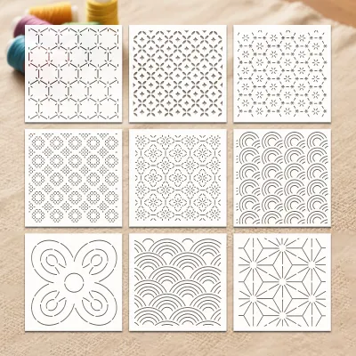 YOMDID 9 ชิ้น Sashiko เย็บปักถักร้อยแม่แบบ DIY เรขาคณิต Patchwork ลายฉลุนํากลับมาใช้ใหม่สัตว์เลี้ยงลายฉลุเย็บปักถักร้อยทําด้วยมือ Diy หัตถกรรม