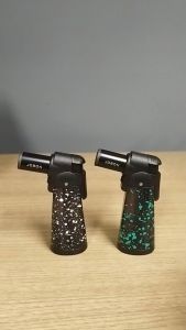 Lighters Galore - POCKET TORCH 108 (JOBON ANGLED NOZZLE WITH LOCK WHITE AND GREEN PAINT DOTS DESIGN BLACK)
