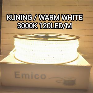 HARGA 1 ROLL 100M EMICO LED STRIP LIGHT 2835 120LED/METER IP66 220V PUTIH / WARM WHITE / BIRU / MERAH / HIJAU / PINK / KUNING BAGUS BERKUALITAS TERJAMIN SUPER TERANG ULTRA BRIGHT LAMPU DECORASI LAMPU HIAS