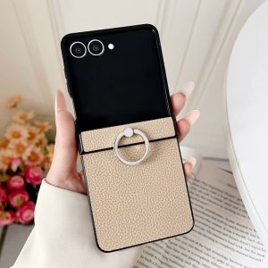 szhaiyu | Luxury Litchi Grain Leather Phone Case for Samsung Galaxy Z Flip 8 7 FE 6 5 4 Metal Rotating Ring Bracket Hinge Protector Cover