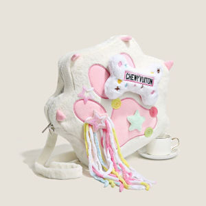 Cute Hexagonal Plush Cat Paw Backpack Casual Y2K Millennium Niche Double Shoulder Bag Soft Girl Small Dog Paw Purse