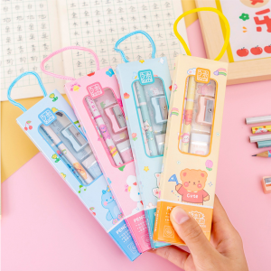 5 Pcs Stationery Kit Portable Cartoon Pencil with Eraser Ruler Pencil Sharpener Set Back to School Supplies for Student