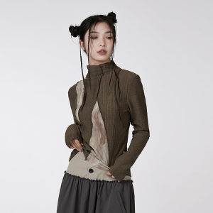 เสื้อยืดคอกลมแขนยาวพิมพ์ลายสัตว์ปีกผ้าตาข่ายสำหรับผู้หญิง สไตล์วินเทจ ทรงเข้ารูป ทรงกระดูกปลา สวมใส่สบาย ฤดูใบไม้ผลิ 2024