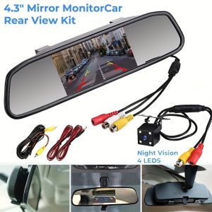 HD 4.3In TFT LCD Rearview Mirror Monitor with 4LED Backup Camera for Monitor Reversing Parking SUV Pickup Camper Tractor RV Etc.