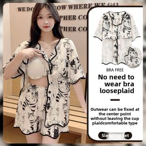 Womens Summer Sleepwear Set with Chest Pad Pure Cotton Short Sleeve Short Pants Thin Cardigan Home Clothes Sweet Style