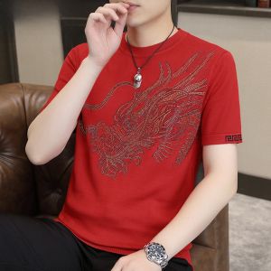 HENGYUANXIANG | Red Short Sleeve Knitted Sweater Casual Style Spring Autumn Fashionable City Life Youthful Energy Bishan Year Mens Base Shirt