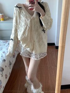 ฤดูใบไม้ผลิ 2024 ผู้หญิง ลำลอง Thin Knitted Open คาร์ดิเกน Hollow Out ดีไซน์ แขนยาว คอวี ความยาวปกติ Pure Color เสื้อท่อนบน