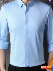 Thickened Fleece Long Sleeve Shirt for Middle-Aged Men Casual Business Pure Color Anti-Wrinkle Autumn Winter Base Layer Shirt