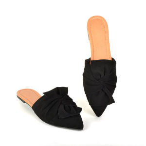 IELGY 2025 Pointed Toe Flat Sandals Slip-on Half-Drag Black Bow Mueller Drag