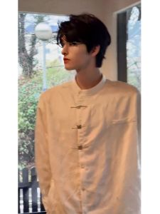 New Chinese Style Mens Long Sleeve Shirt with Button Placket Stand Collar Improved Hanfu Casual Wear for Spring Autumn