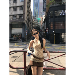 Design Sense Yellow Checkered Backless Sleeveless Top