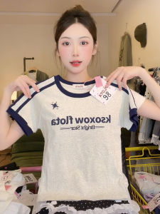 Trendy Korean Style round Neck Short Sleeve T-Shirt Womens Slim Fit American Style Letter Print Color Block Shoulder Insertion