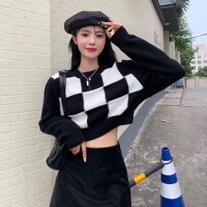 OUTFIT RAJUT Sweater Crop Wanita Lengan Panjang Motip Kotak-kotak Gaya Korean Minimalis