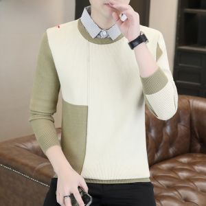 HENGYUANXIANG | Casual Shirt Collar Sweater Fake Two-Piece Mens Autumn Winter Warm Fashionable Polyester Blend Long Sleeve Knitted Top