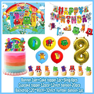 Potdemiel | Cartoon Building Blocks Themed Birthday Party Decorations Banner Number Balloons Cupcake Toppers Backdrops Kids Party Supplies
