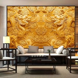 Chinese Style Wood Carving Dragon Wallpaper Living Room TV Buddha Hall Background Wall Two Dragons Playing with Pearl Wall Art
