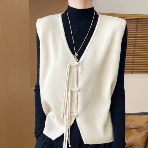 New Chinese Style V-Neck Button-Up 100 Pure Cashmere Open Cardigan Vest Women Loose Layering Sweater Shoulder Wool Knitted Vest