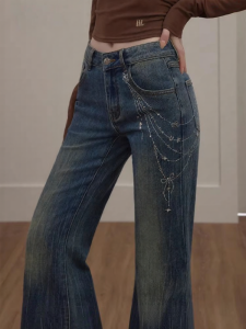 unifree | Quần Jeans Ống Loe Cạp Thấp Co Giãn Tôn Mông Làm Slimming Trang Trí Kim Cương