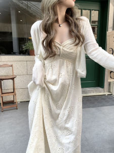 plus Size Womens Pure Desire Gentle White V-Neck Waist Cinched Strap Dress Cardigan Long Skirt Two-Piece Set Commute Korean Style