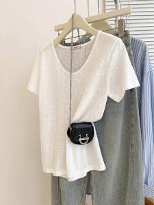 เสื้อยืดแขนสั้นผ้าฝ้ายลายไผ่หลวมคอวี สีขาว ทรงหลวม สไตล์ฤดูร้อน เสื้อผ้าทำงานผู้หญิง ทรงหลวม ลำลอง