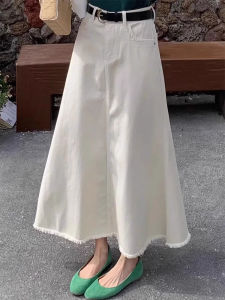 Soft Color High Waist Midi Denim Skirt Womens plus Size Slimming Mini Dress Gentle Style Pure Color A-Line Skirt for Ladies