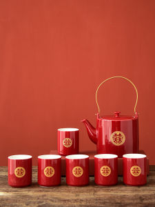 Wedding Tea Set Red Chinese Style Gongfu Tea Utensils Ceramic Handmade Tea Pot with Lid And Spout Tea Cups for New Couples Gift Box