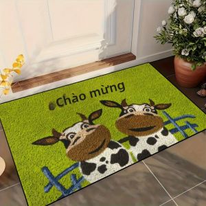 VIKAMA Thảm Chùi Chân Chào Mừng In Hình Trang Trại Bò Đốm Nền Xanh Thảm Chống Trượt Có Thể Giặt Được Cho Trang Trí Hiên Nhà Nông Trại