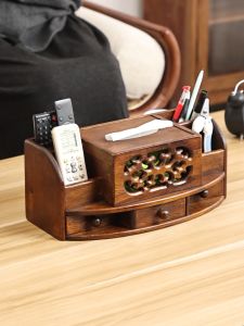 Multifunctional Solid Wood Tissue Box Cover With Remote Control And Drawer Storage Box Tissue Holder Living Room Bedroom Office Desktop Organizer
