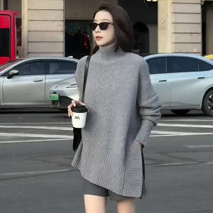Gray Irregular High Collar Sweater Womens Lazy High-End Feeling Can Be Worn outside And inside Thickened Knitted Top