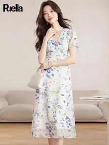 puella | White Floral and Blue Flower Print Waist-cinched Puff Sleeves Summer Dress
