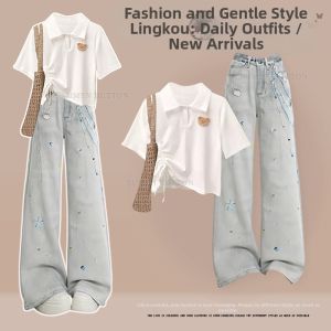 NUMEN BUTTON | College Style Set Womens Polo Collar Short Sleeve Top and Jeans Two-Piece