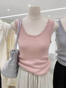 Big Brand Export Counter Withdraw Wooden Ear U Collar Pink Knitting Sling Vest Inner Match Sleeveless Base Top Summer