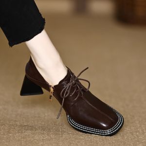 รองเท้าส้นสูงหัวเหลี่ยมสไตล์อังกฤษสำหรับผู้หญิง ฤดูใบไม้ผลิและฤดูใบไม้ร่วง รองเท้าส้นแบนแบบสวมหัวเหลี่ยม ทรงหัวแหลม รองเท้าส้นเดี่ยว