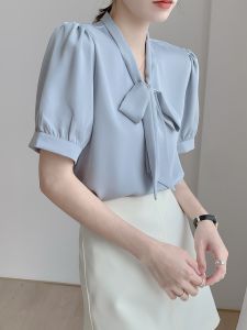 Blue Butterfly Knot Design Womens Blouse Elegant and Professional Style Chiffon Long Sleeve Shirt for Spring and Autumn