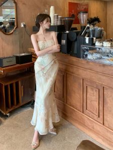 New Chinese Style Floral Print Halter Fish Tail Set Womens High-End Wedding Dress Two-Piece Suit Vintage Style Long Skirt