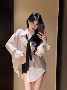 Elegant White Loose Womens Shirt with Tie College Style Trendy Midi Pure Desire Lady Shirt Commute Long Sleeve Polo Collar