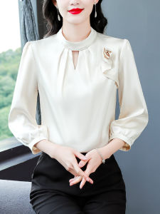 Elegant Satin Ladies Shirt Stand Collar Sleeveless Fashionable Momma Seven Sleeve Chiffon Top Commute Style Loose Fit Button Detail