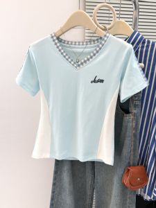 MISHANGYICHU | Áo Thun Sọc Màu V-Neck Tay Ngắn