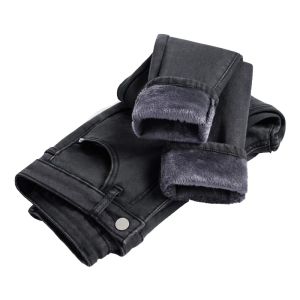 Quần Jeans Denim Lót Lông Cừu Lớp Đa Cho Nữ Mùa Thu Đông Quần Ống Thẳng Ôm Vừa Vặn Co Giãn Chín Phần Màu Xám Quần Jeans