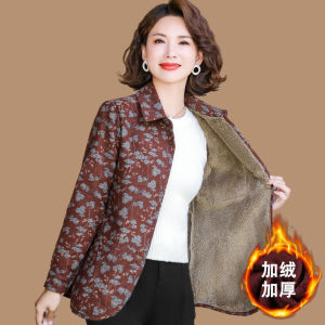 Fall and Winter Floral Velvet Padded Shirt Womens Lapel Long Sleeves Heattech Floral Fashion Thickened Bottoming Shirt Middle-Aged Mom Top