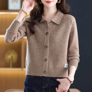 Spring Autumn Short Knitted Pure Color Cashmere Open Cardigan Womens Fashion Casual Long Sleeve Turn-down Collar Sweater Jacket